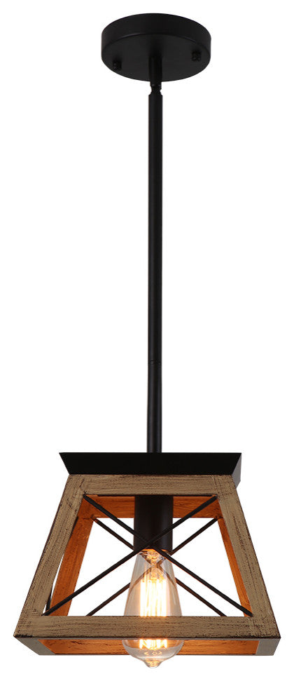 Rustic 1-Light Single Rectangle Pendant Light, Brown