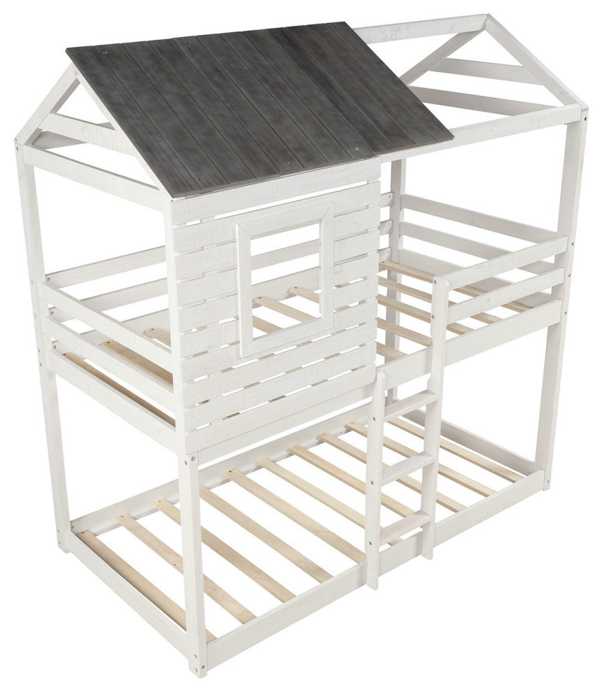 Antique White Twin Over Twin Bunk Bed With Roof