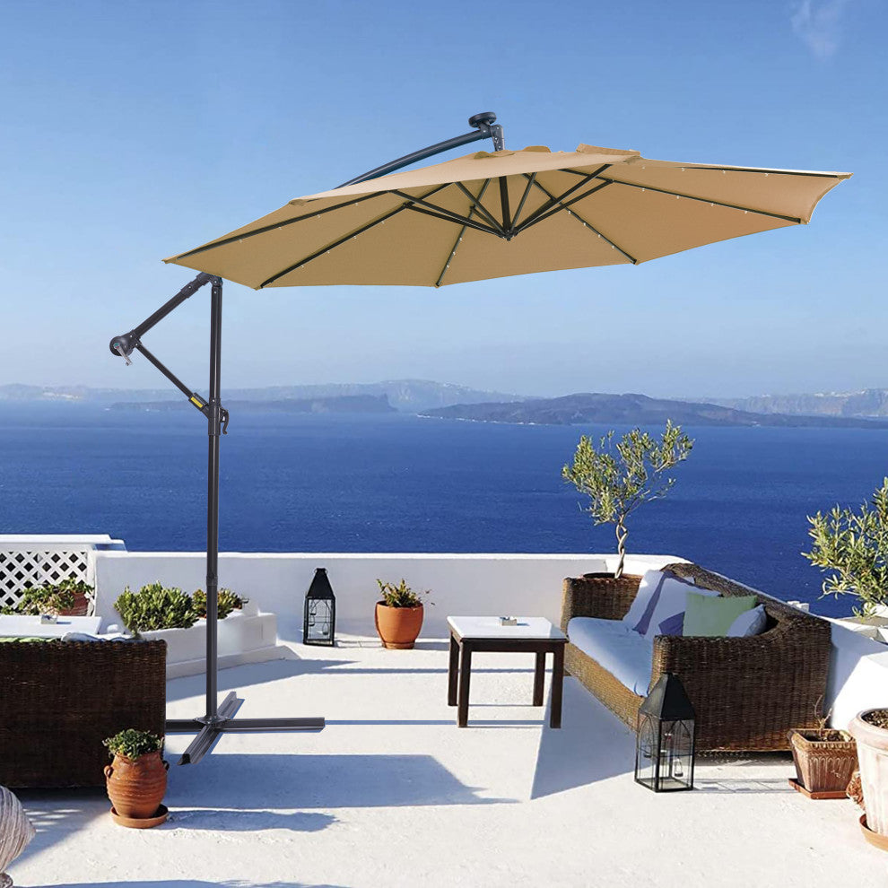 10' Steel Patio Hanging Cantilever Umbrella With 32 Solar LED Lights, Taupe