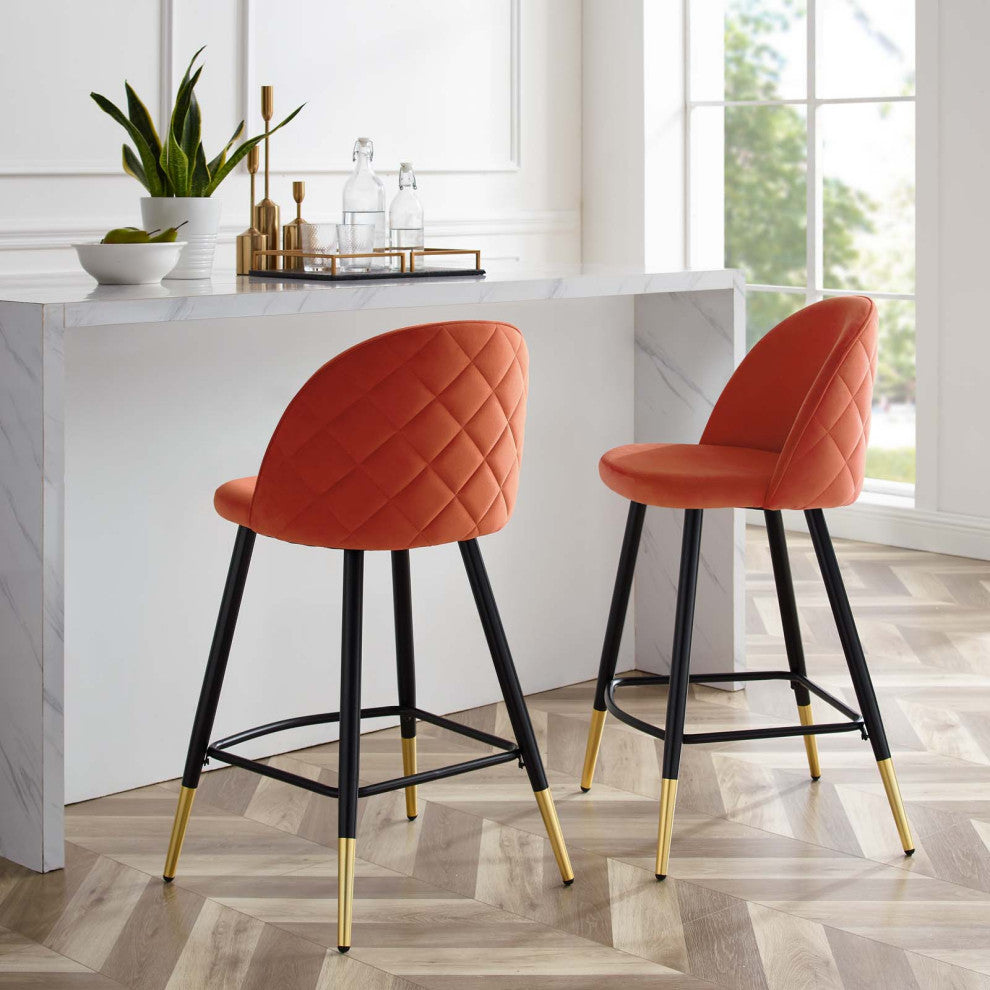 Counter Stool Chair, Set of 2, Velvet, Metal, Orange, Modern, Bar Pub Bistro