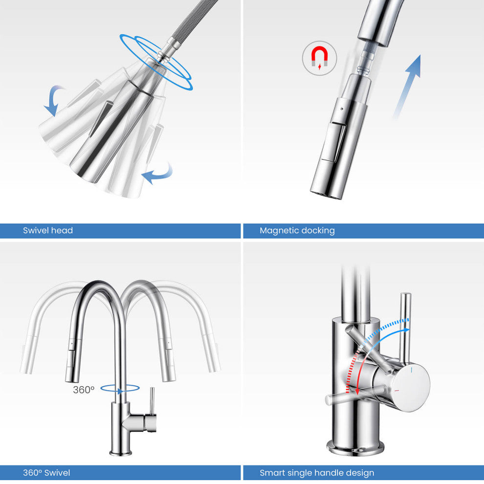Circular Single Handle Pull Down Kitchen Faucet, Chrome