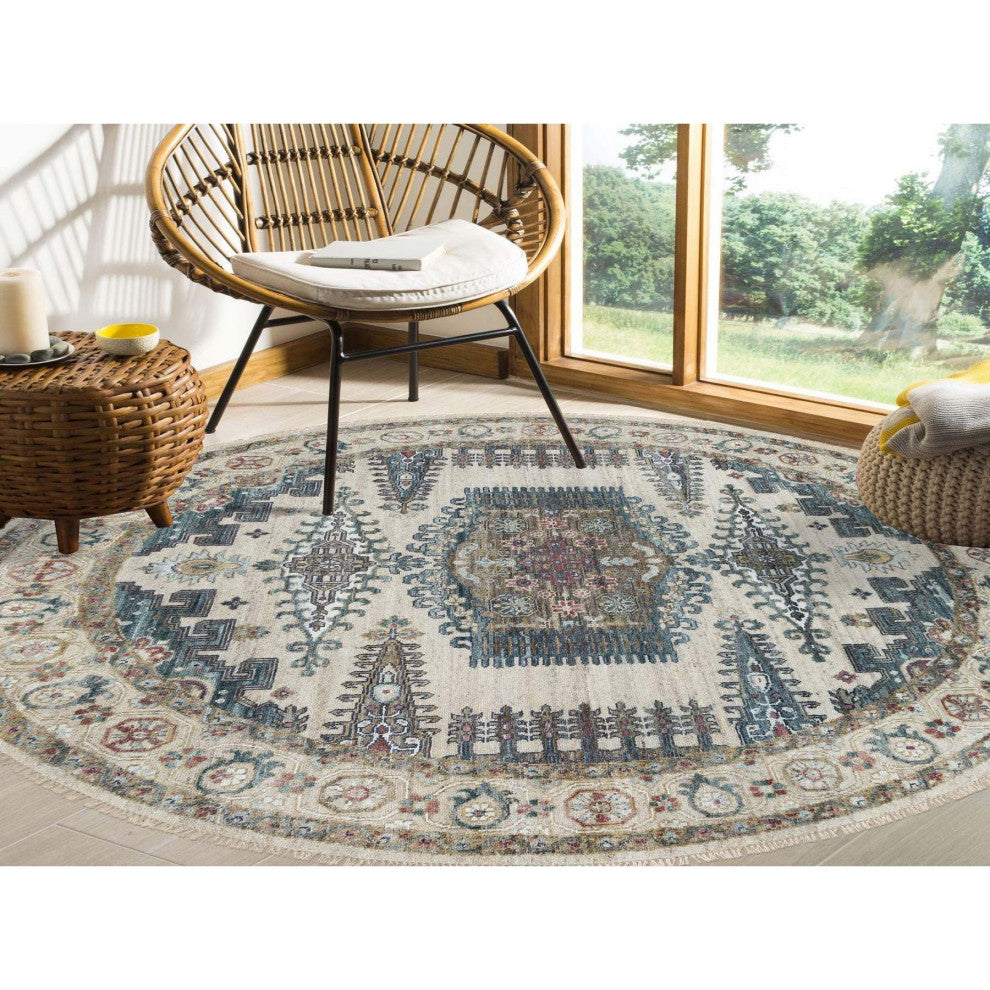 Alabaster Ivory Wool Reimagined Viss Design Hand Knotted Round Rug, 8'x8'