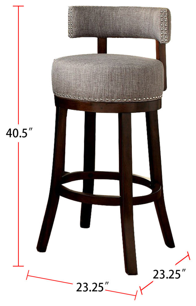 Set of 2 Fabric and Solid Wood Bar Stool, Dark Oak, Light Gray