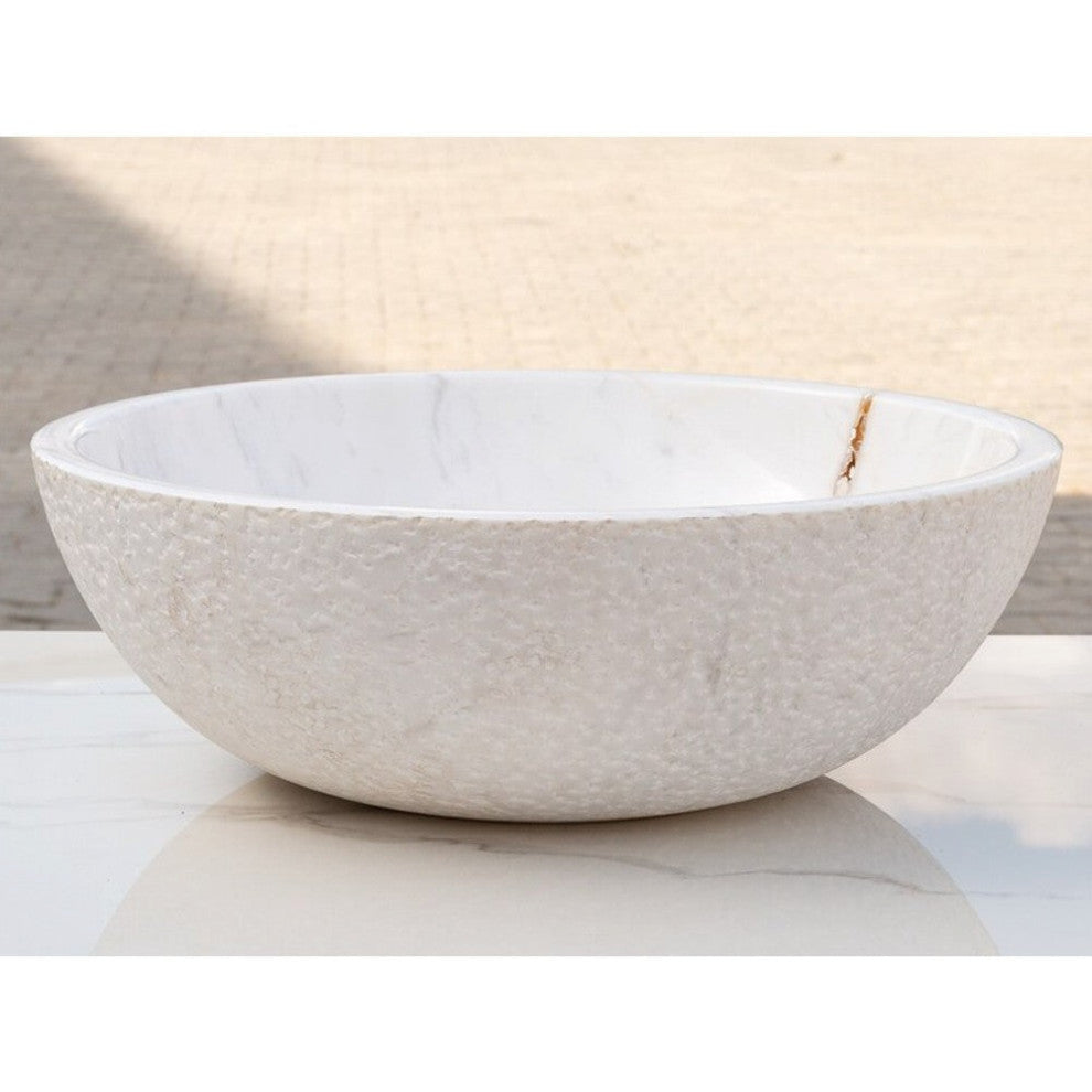 Calacatta White Marble Vessel Sink Polished Interior&Rough Exterior (D)16" (H)5"