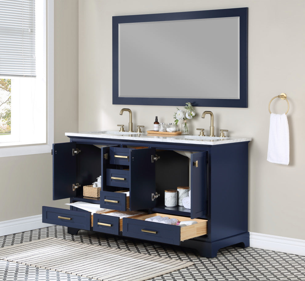 60" W Double Freestanding Bath Vanity, Blue With White Marble Top