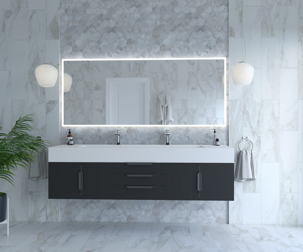 CastelloUSA Nile 72" Wall Mounted Vanity Set, Black, White Top, Black Handles