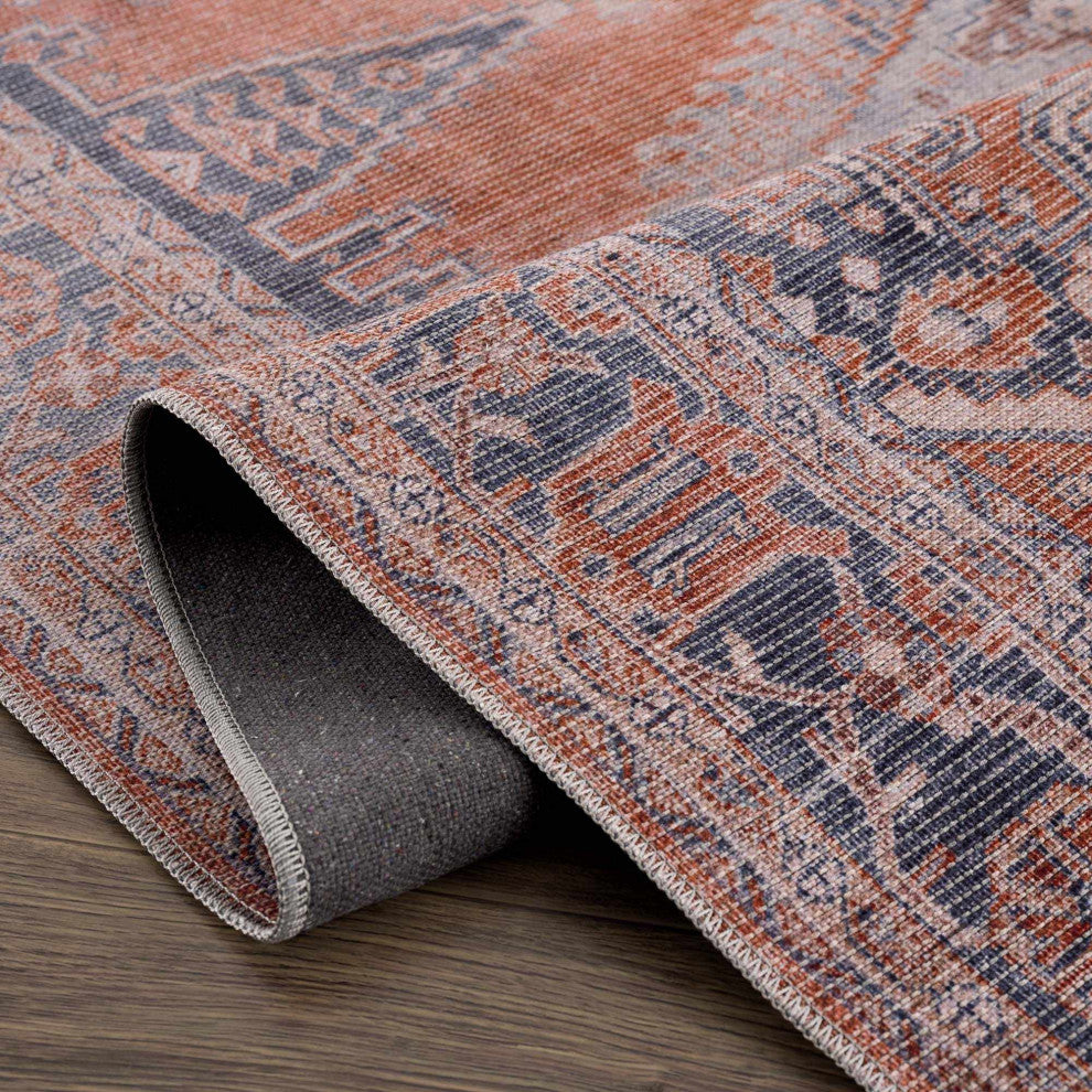Hauteloom Burnt Orange Taber Medallion Washable Area Rug, Blue, Burnt Orange, Pale Blue/Taber, 7'10"x10'2"