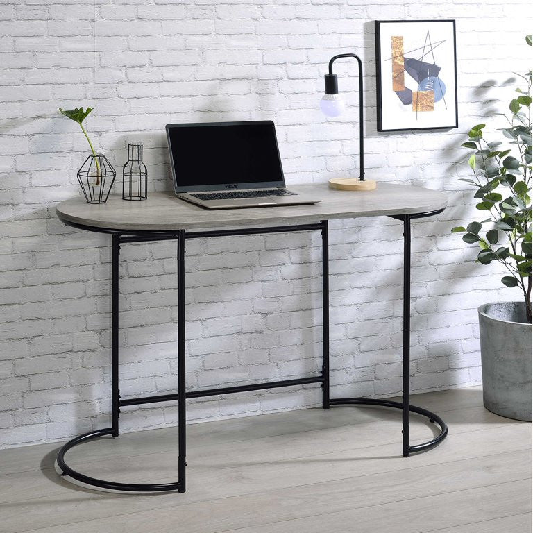 Transitional Desk, Sturdy Black Metal Legs With Oval Shaped Walnut Finished Top