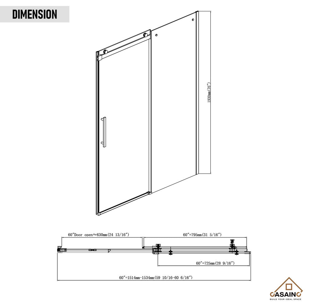 60-in x 76-in Frameless Sliding Shower Door, Chromed