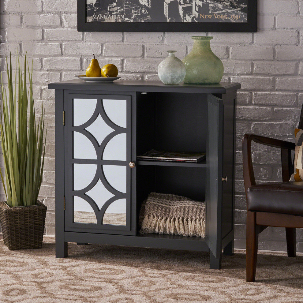 GDF Studio Melee Fir Wood Double Door Cabinet With Mirrored Accents, Charcoal Gray