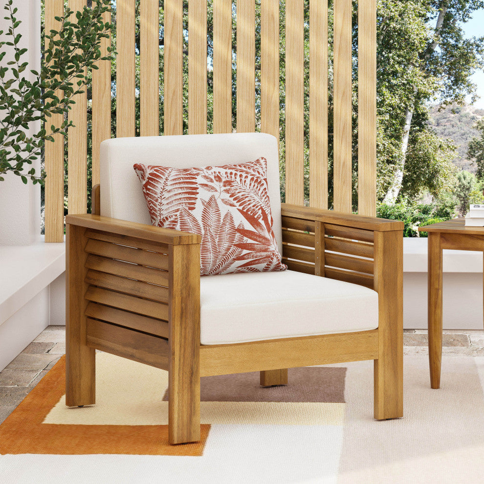 Rabun Outdoor Acacia Wood Club Chairs with Cushions, Teak + Cream, Single