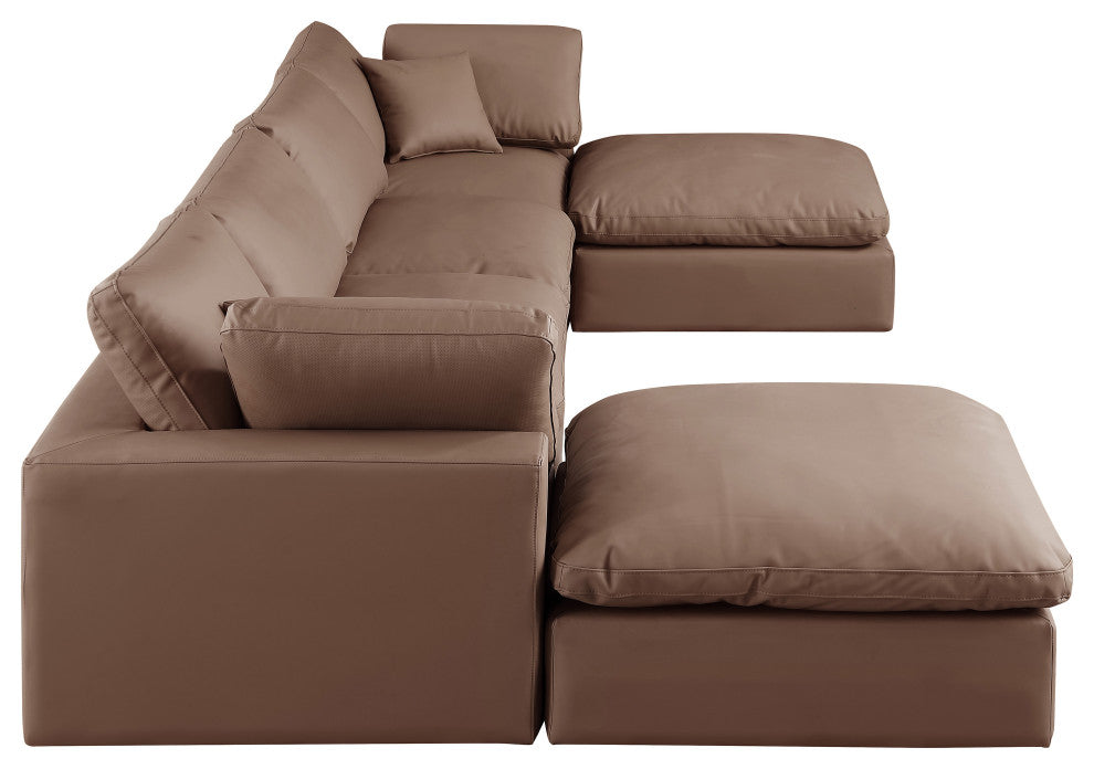 Comfy Upholstered U-Shaped Modular Sectional, Brown, 6-Piece: 2 Armless Chair, 2 Corner Chair, 2 Ottoman, Vegan Leather