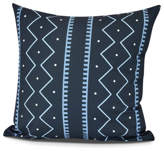 Mudcloth, Geometric Print Outdoor Pillow, Navy Blue, 16" x 16"