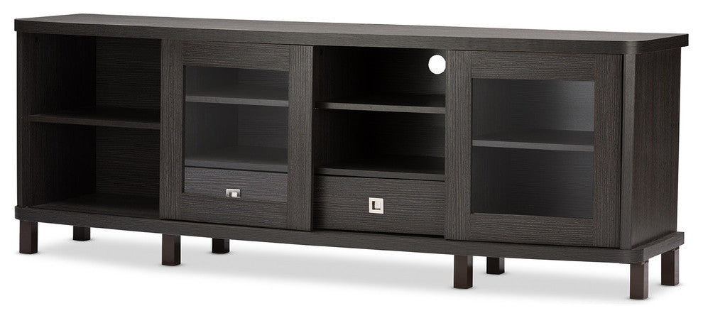 Walda 70" Dark Brown Wood TV Cabinet With Sliding Doors and Drawers