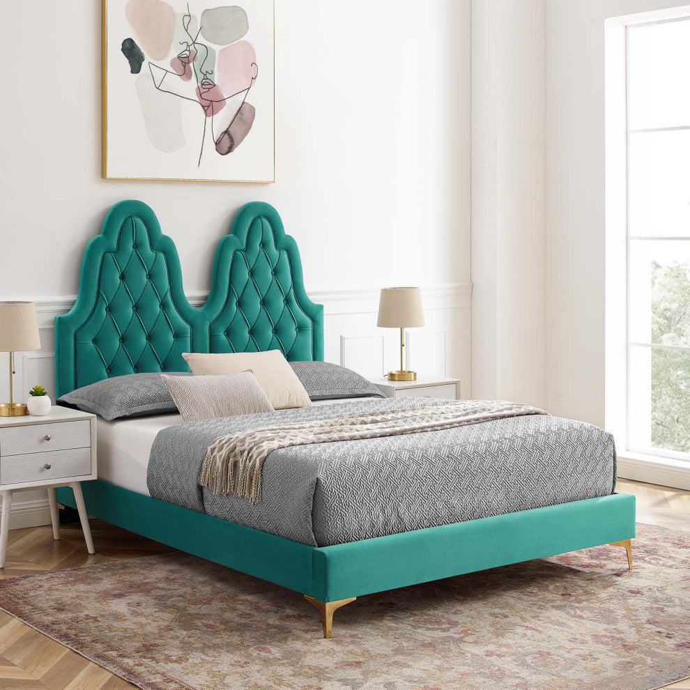 Alexandria Tufted Performance Velvet King Platform Bed - Teal