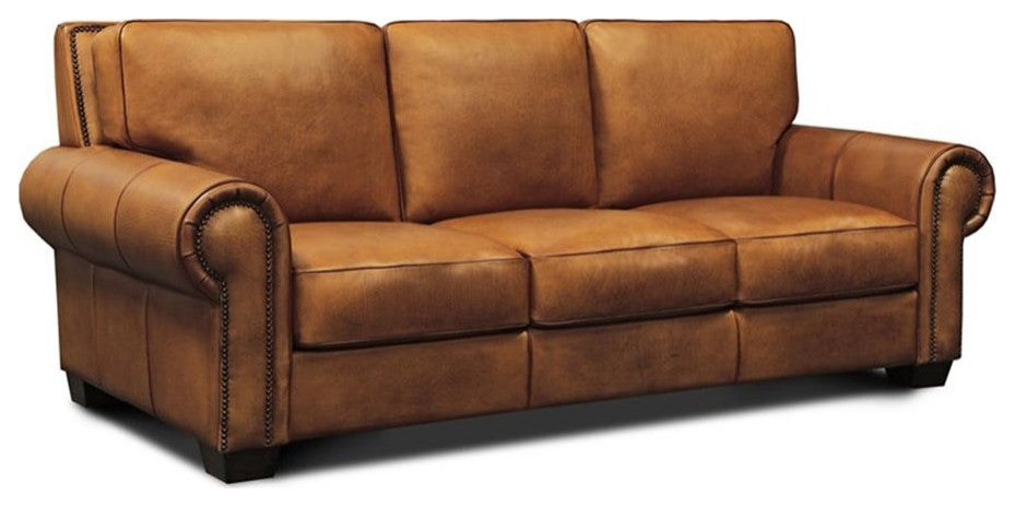 Pemberly Row Top Grain Hand Antiqued Leather Sofa in Tan Brown