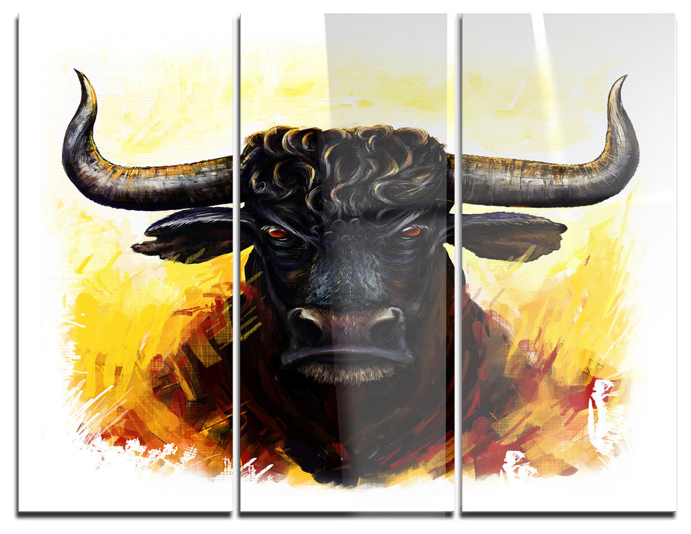 "Fierce Bull Illustration" Glossy Metal Wall Art, 3 Panels, 36"x28"