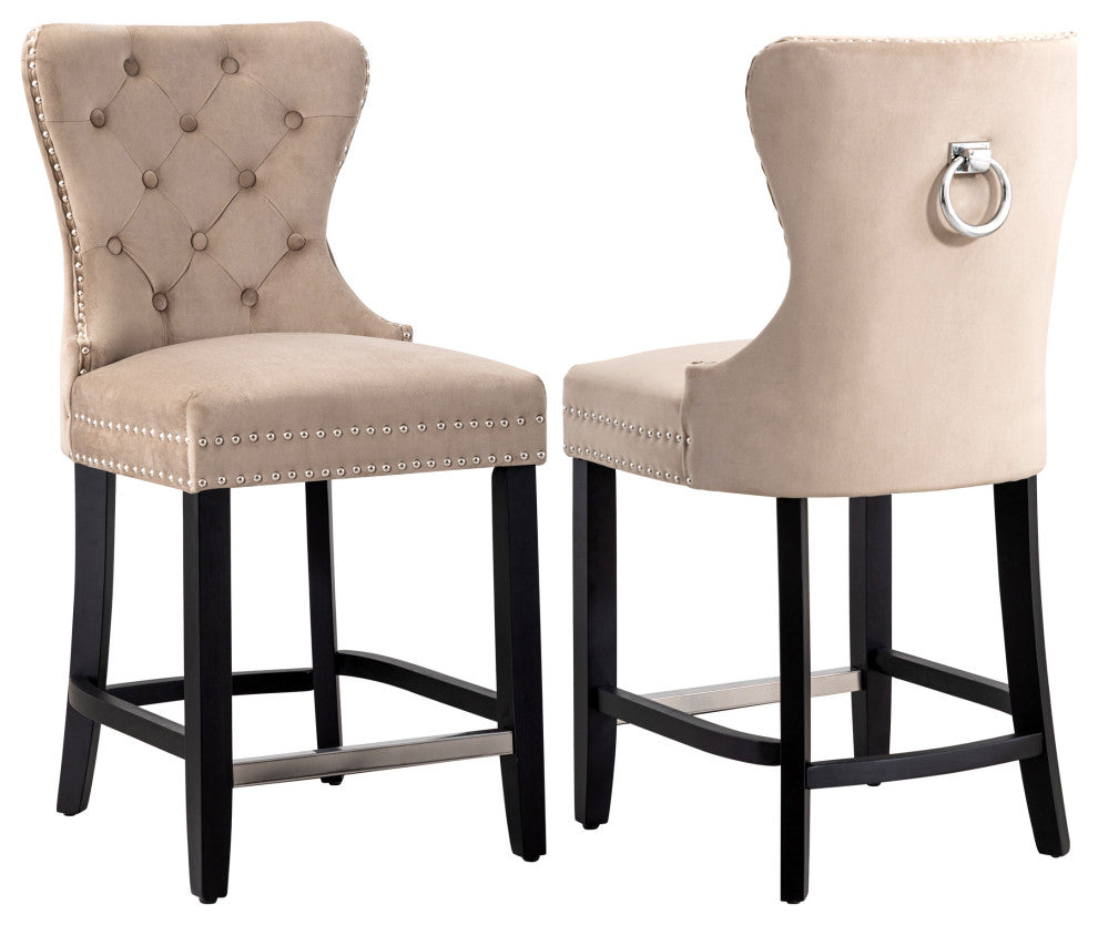 WestinTrends 2PC 24" Tufted Wingback Velvet Counter Height Stool Set, Black, Velvet Taupe