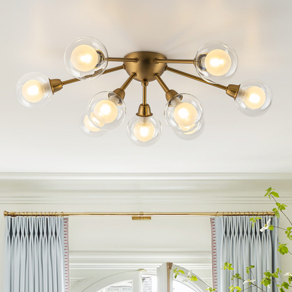 Mid-Century 9-Light Double Layer Glass Sputnik Semi Ceiling Light, Brass