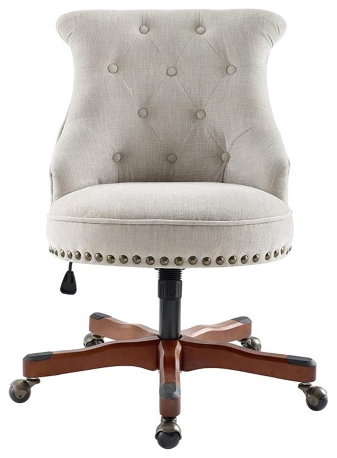 Linon Sinclair Upholstered Office Chair Wood Base with Wheels in Natural Beige