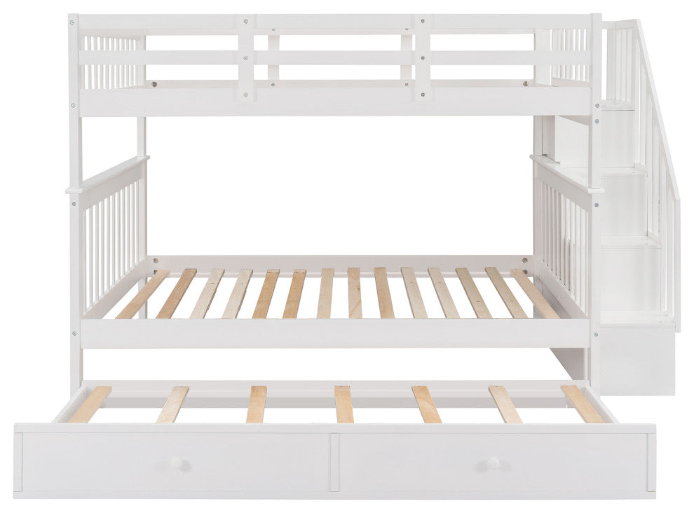 Gewnee Pine Wood Full Over Full Bunk Bed with Trundle and Stairway in White