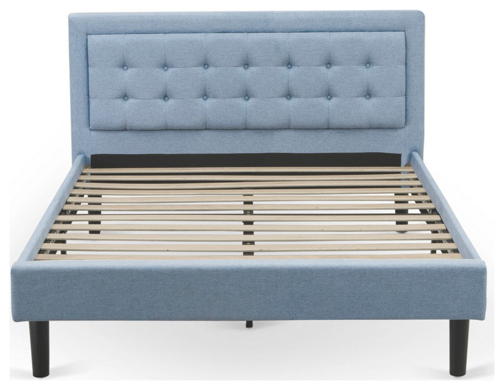 2Pc Fannin Bed Set, 1 Queen Size Frame, End Table For Bedroom, Denim Blue