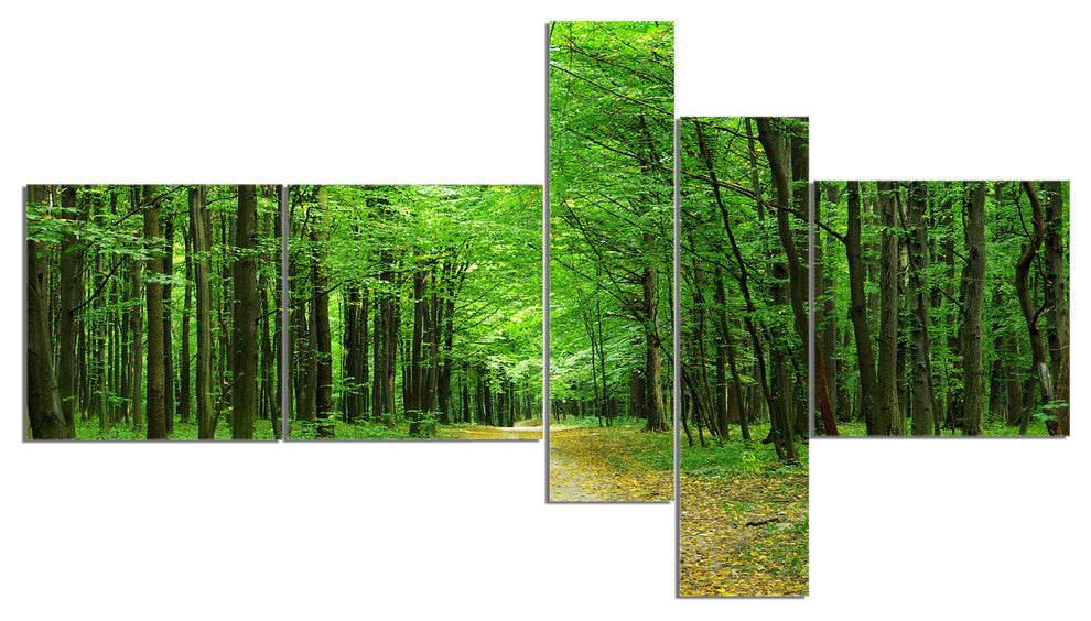 Pathway in Green Forest, Landscape Photography Canvas Print, 60"x32", 5 panels