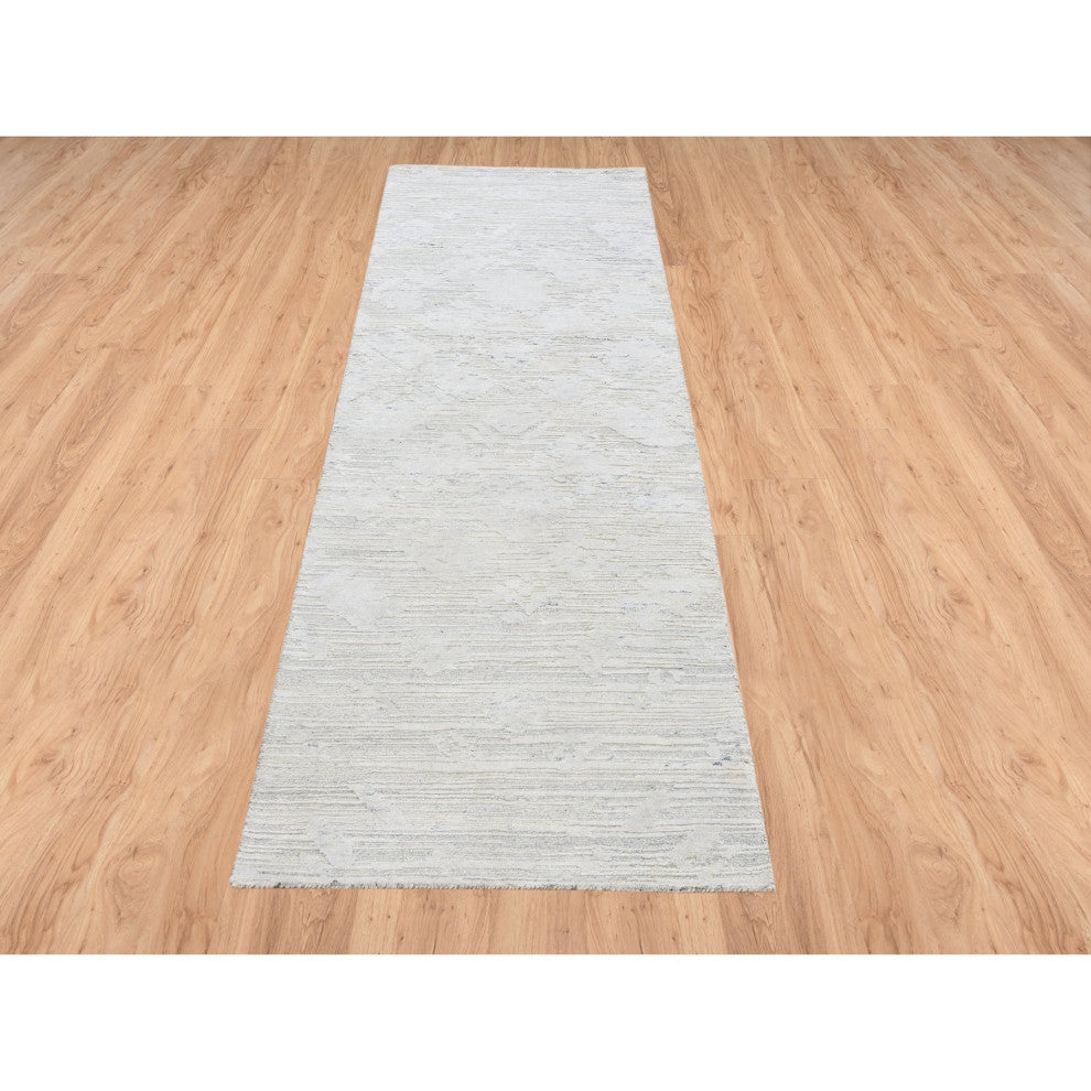 Light Gray Hand Spun Wool Hand Knotted Modern Runner Oriental Rug, 2'7"x8'2"