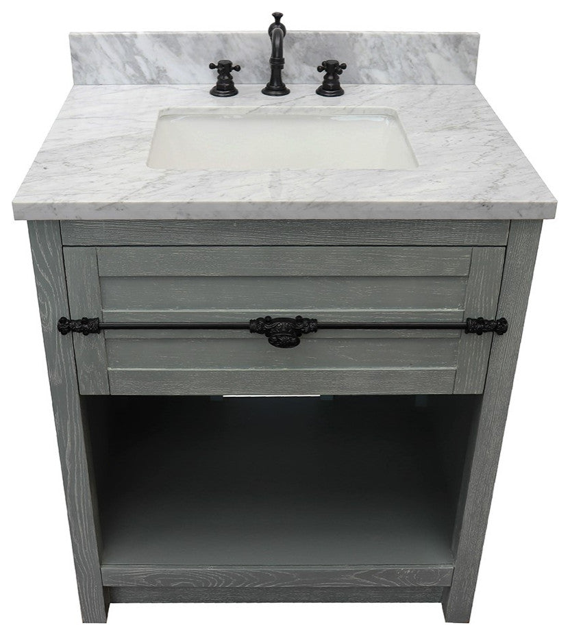 30" Single Vanity, Gray Ash, White Carrara Top, Rectangle Sink