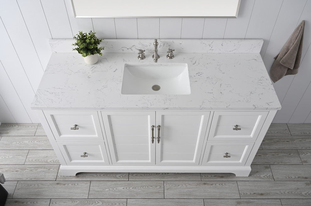Vanity Art Bathroom Vanity With Sink & Top, White, 60", Engineered Marble