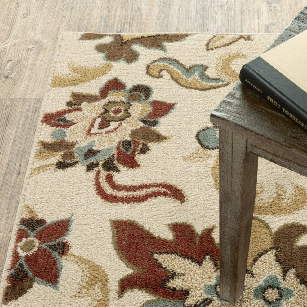 5??7??Ivory And Red Floral Vines Area Rug