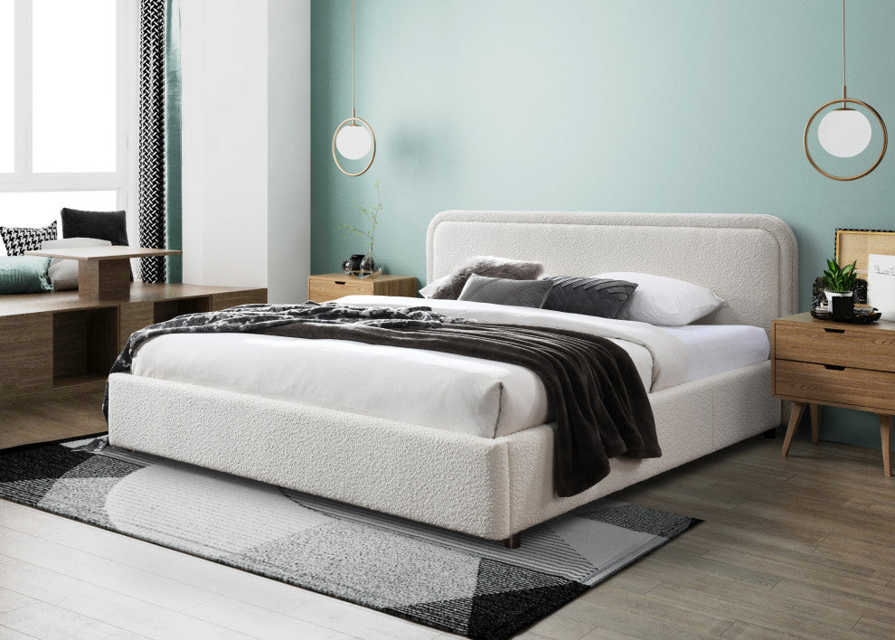 Omax Decor Chloe Modern Fabric Upholstered Platform Bed, White Boucle, King