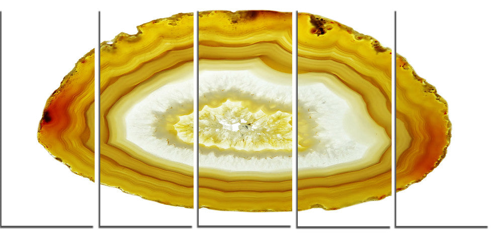 Yellow Agate with Geological Crystal, Abstract Canvas Artwork, 60"x28", 5 Panels