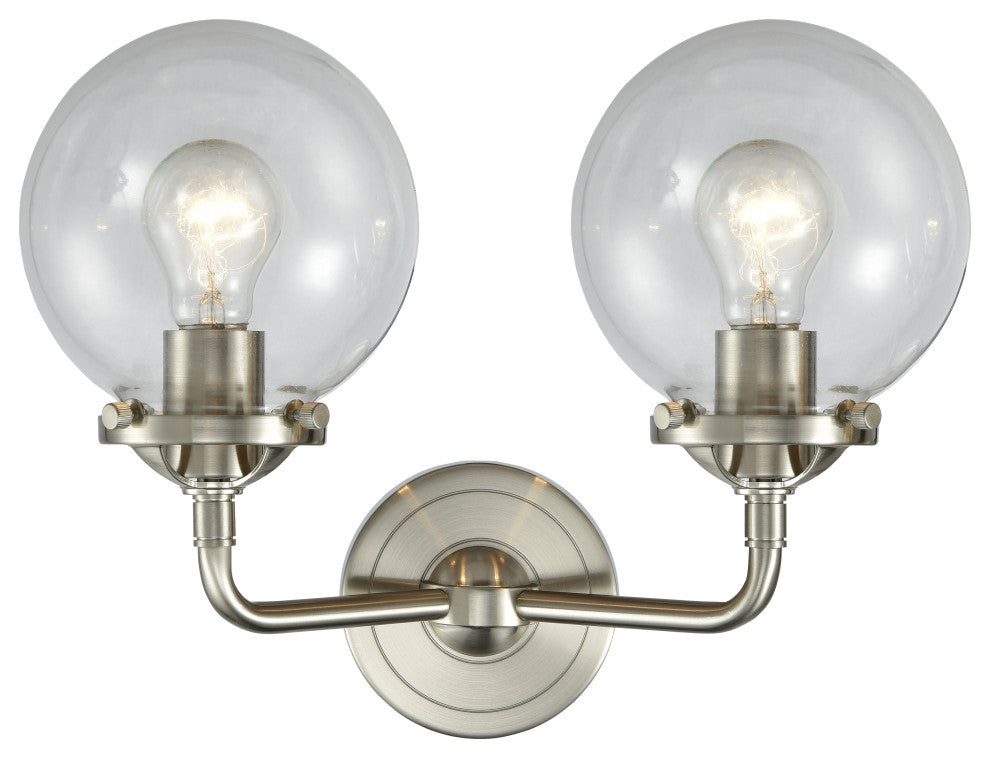 2-Light Beacon 14" Sconce, Brushed Satin Nickel, Glass: Clear
