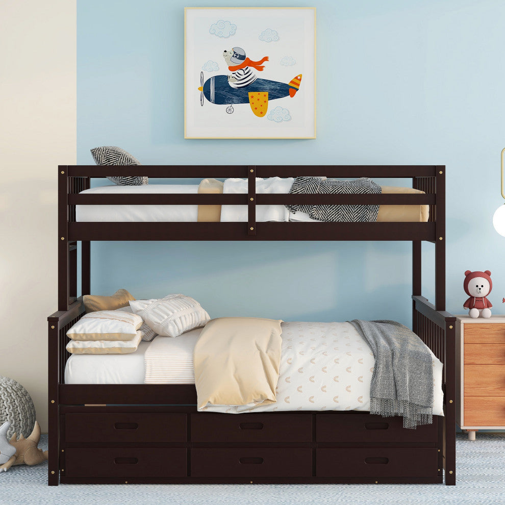 Gewnee Wood Kids Convertible Twin-Over-Full Bunk Bed with Trundle in Espresso