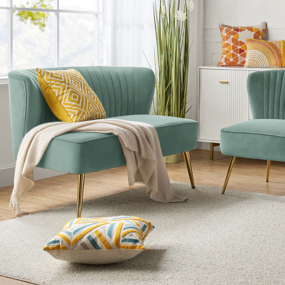 Velvet Tufted Loveseat Sofa With Golden Base, Sage
