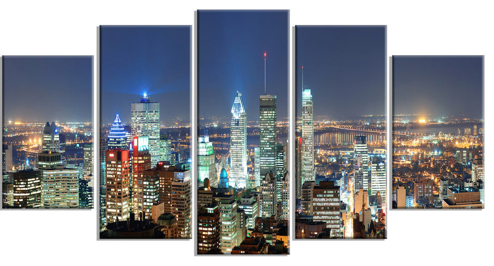Montreal at Dusk Panorama, Landscape Canvas Art Print, 60"x32", 5 Panels