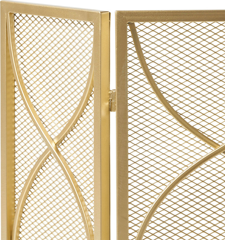 Laylah Modern Three Panel Iron Firescreen, Gold Finish
