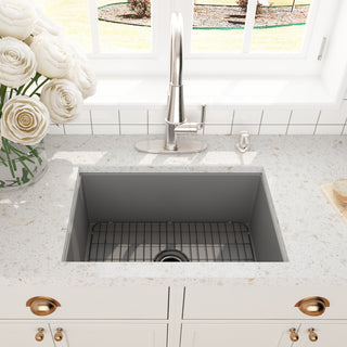 27in Undermount Single Bowl Fireclay Kitchen Sink with Grid and Drainer, Matte Gray