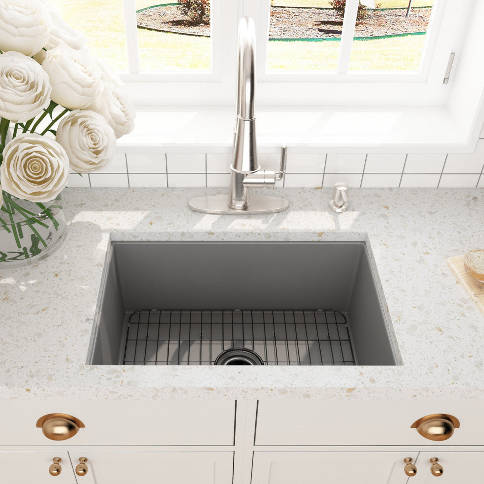 27in Undermount Single Bowl Fireclay Kitchen Sink with Grid and Drainer, Matte Gray
