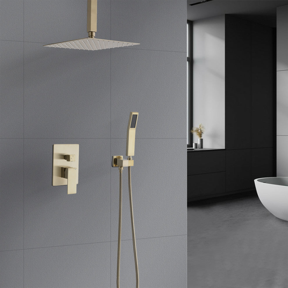 Ceiling Mounted Shower System Set With 16" Rain Shower Head, Brushed Gold