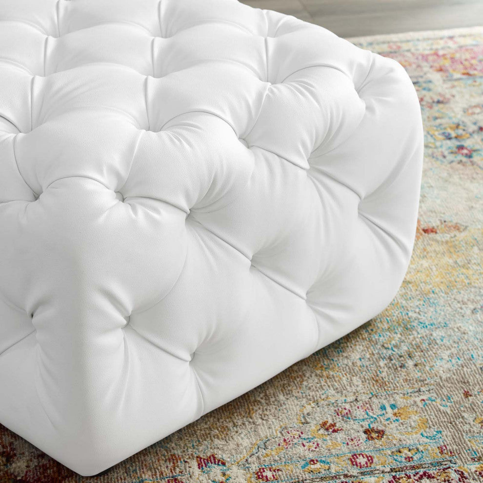 Tufted Accent Chair Ottoman, Square, Faux Leather, White, Modern, Lounge