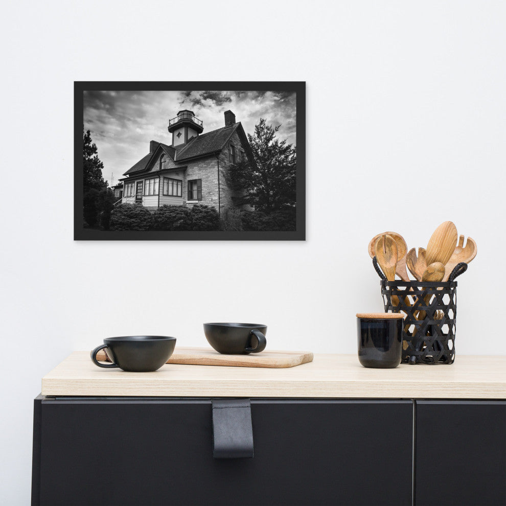 Cedar Point Lighthouse in Black and White Framed Photo Paper Wall Art Prints, Black, 12" X 18"