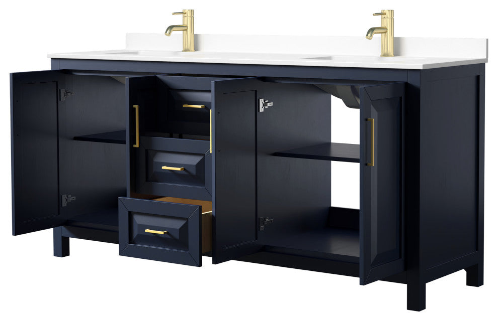 Daria 72, Double Vanity, Dark Blue, White Marble Top, Square Sinks
