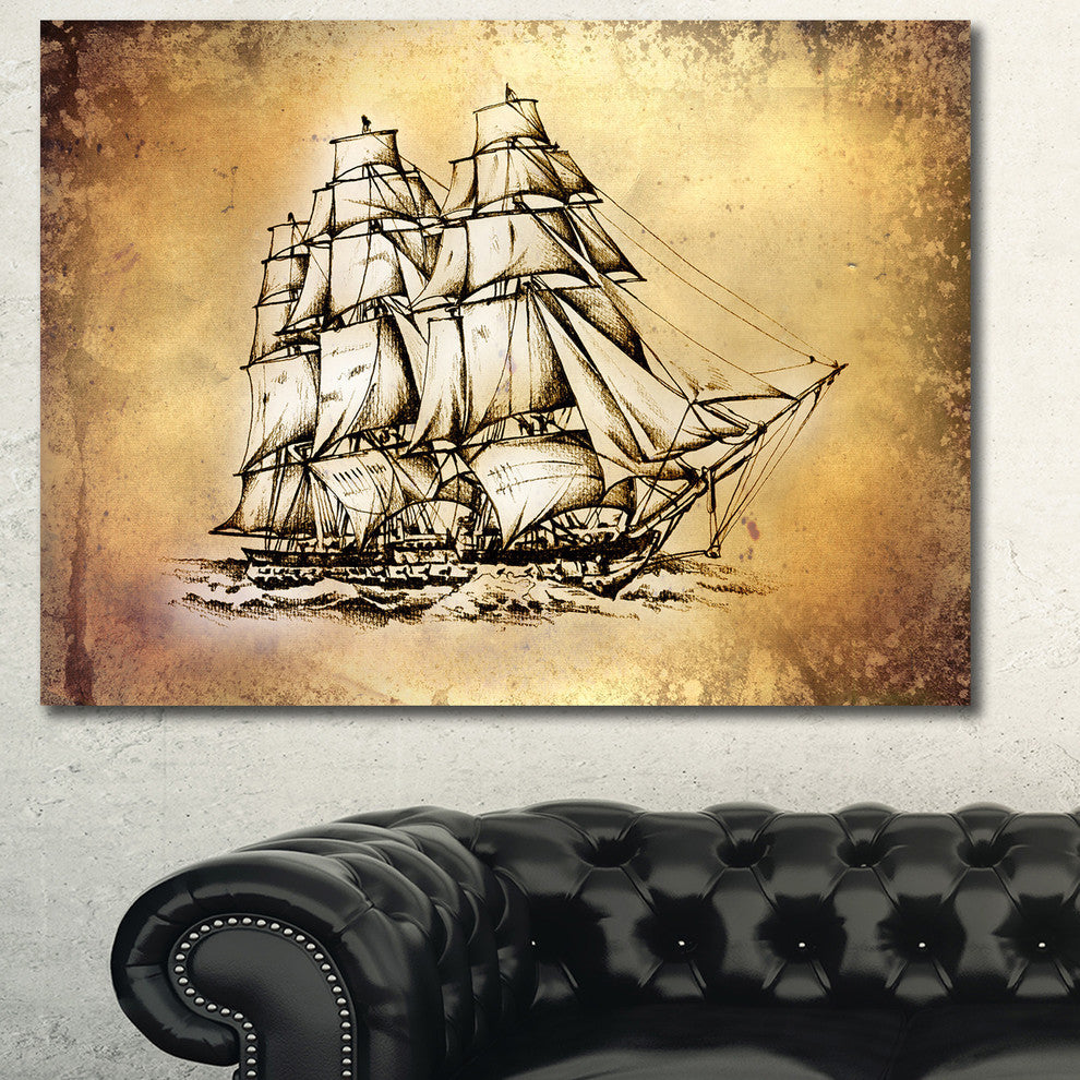 Moving Old Sailboat Drawing, Seashore Wall Art on Canvas, 40"x30"