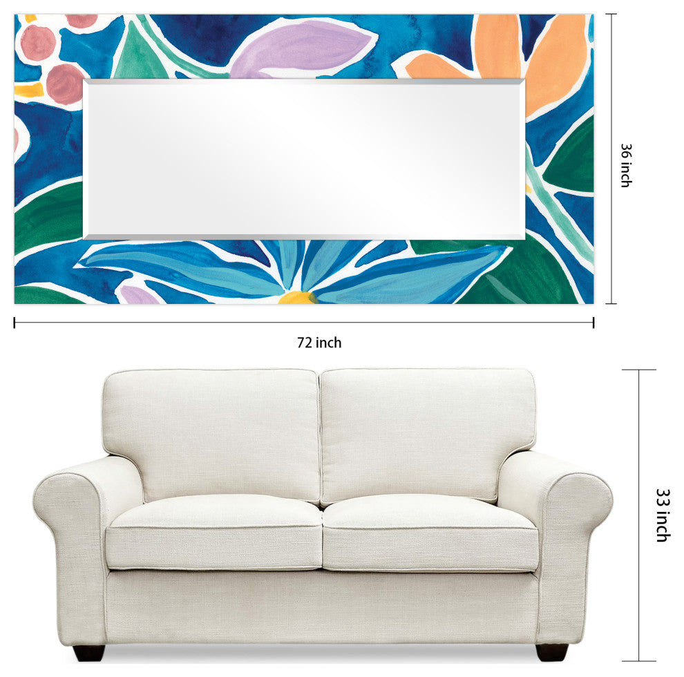 Blue Rectangular Beveled Mirror on Free Floating Printed Tempered Art Glass