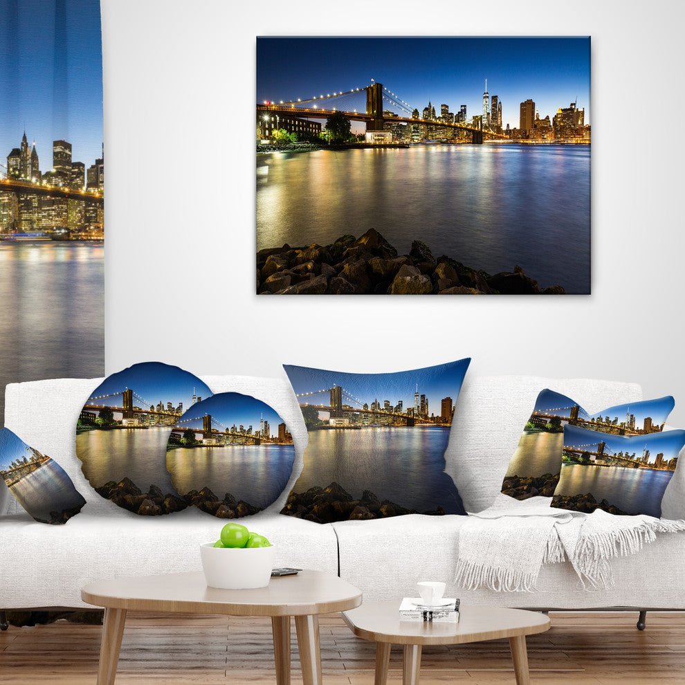 Distant View of Brooklyn Bridge Cityscape Throw Pillow, 16"x16"