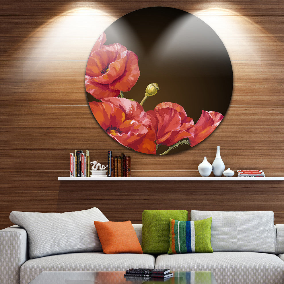 Poppy Flowers Vector Art, Floral Round Wall Art, 23"