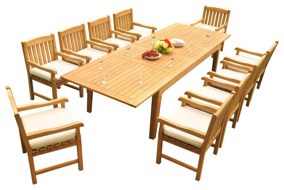 11-Piece Outdoor Teak Dining Set, 122" Extension Table, 10 Devon Arm Chairs
