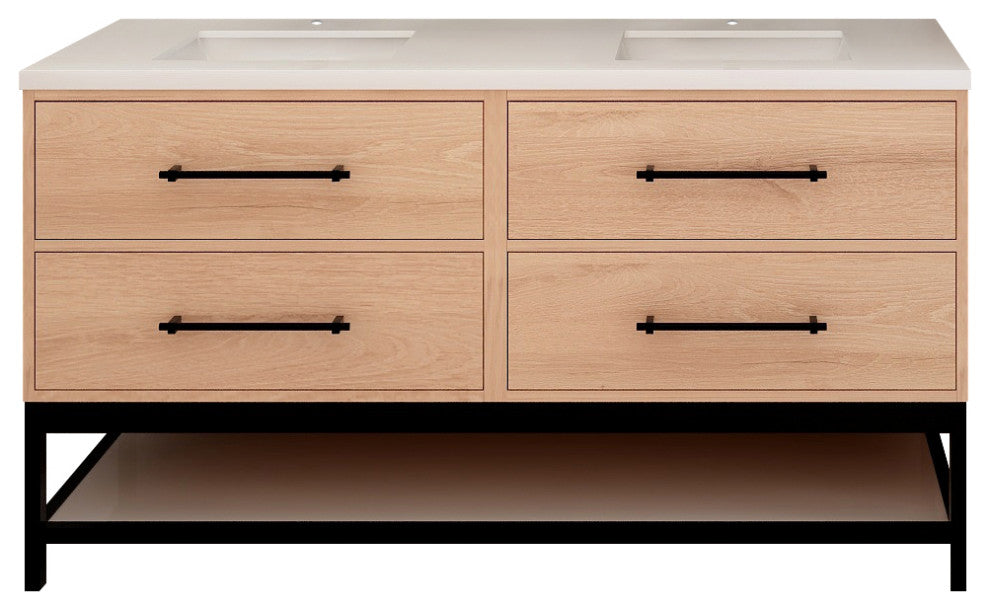 Victoria 60'' Double Sink Solid Wood Open Shelf Bath Vanity, Red Oak